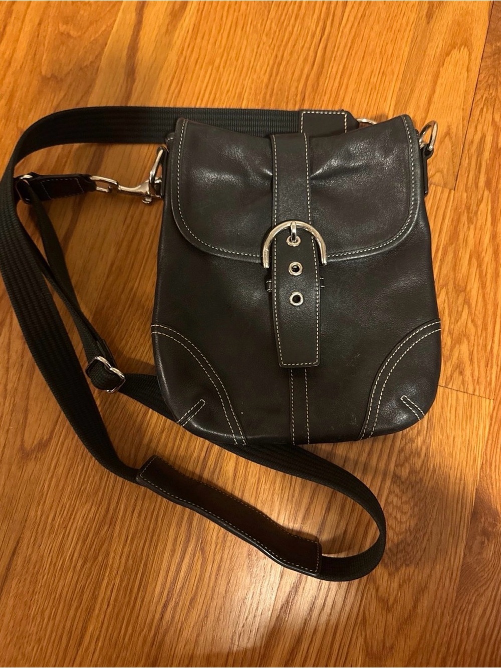 Coach Black Leather Crossbody with Buckle Strap and White Stitching